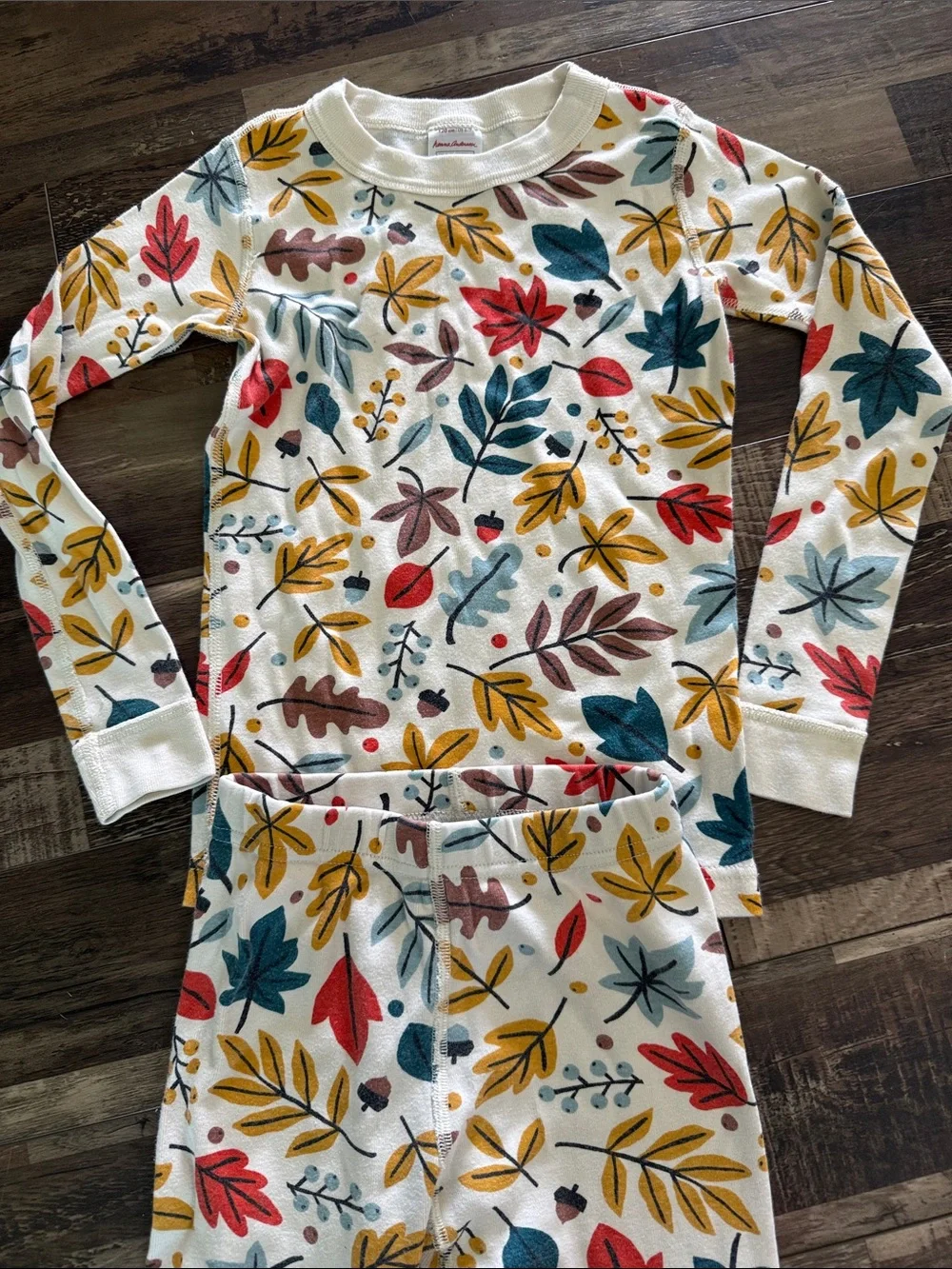 Hanna Andersson CreamRed, Mustard, Teal & Brown Leaf Print size 6/7